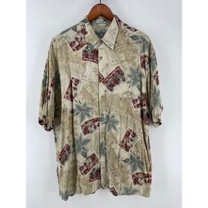 Campia Hawaiian Shirt Mens Large Post Card Tan Rayon Short Sleeve Tropical Camp